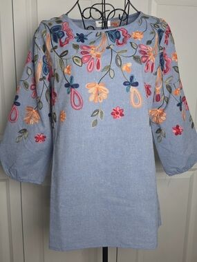 Kindred S Blue Embroidered Floral Boho Top Puff Sleeve Linen Look Blouse